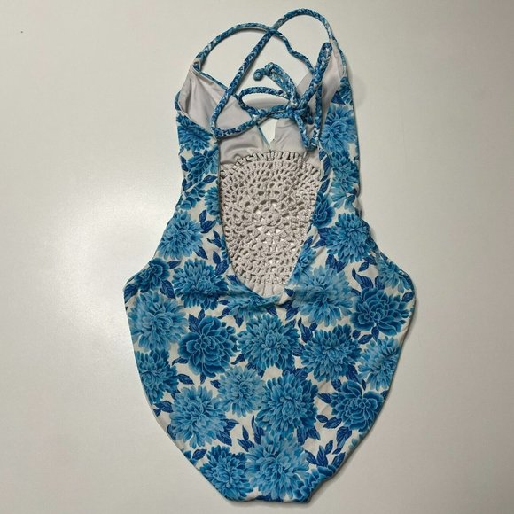 Frankies Bikinis Blue White Floral Crochet Poppy One Piece Swimsuit - Picture 5 of 6